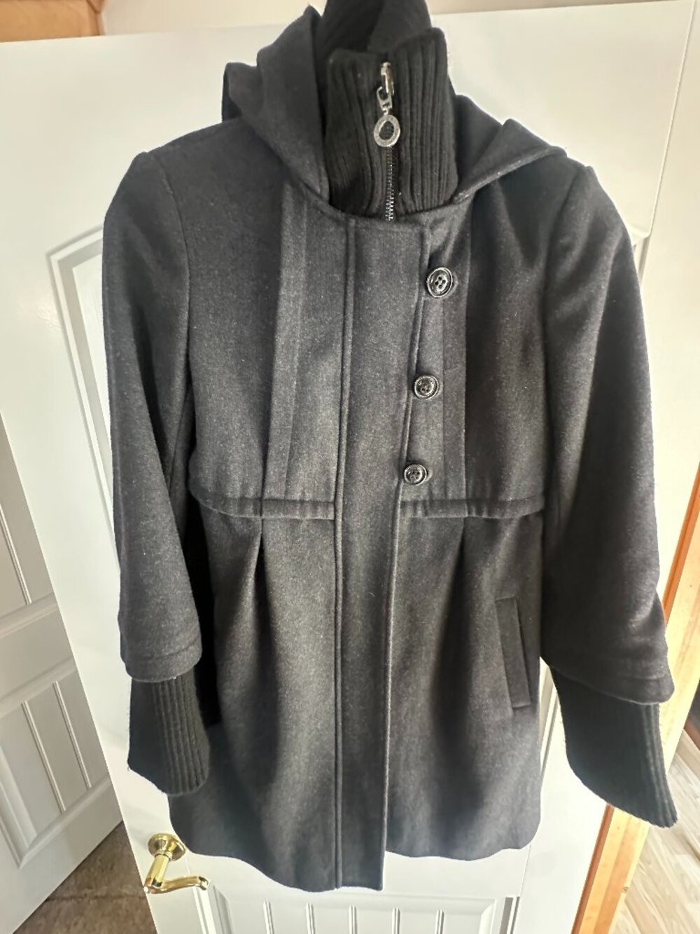DKNY Hooded Wool Blend Coat Charcoal Gray Ribbed Knit Collar Cuffs Toggle 2